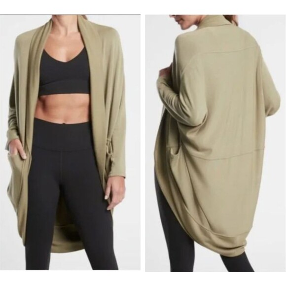 Athleta Wrap Cardigan XXS XS Green Ethereal Cocoon Open Front Pockets Dolman - Picture 3 of 16